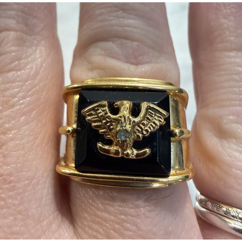 Vintage Lind Black Onyx Eagle 14k Gold Electroplate Size 9 Ring Diamond Signet
